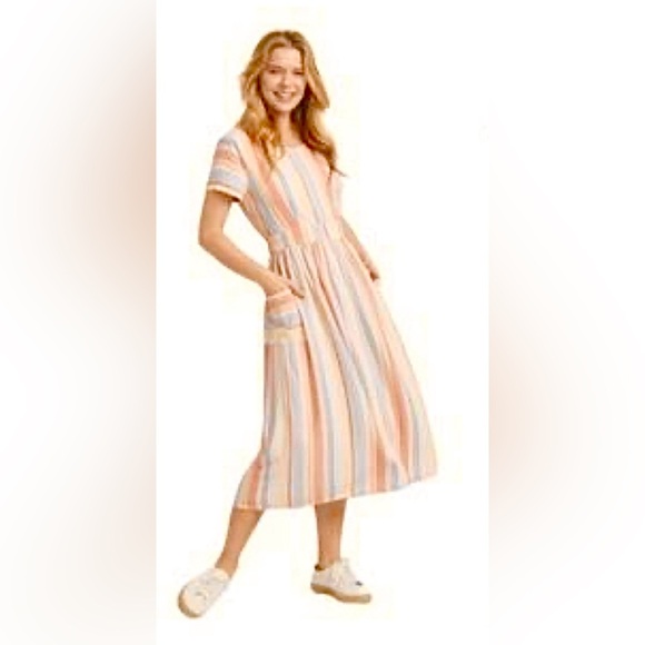 ANA Striped Open Back Dress Women's M Retro Pockets Linen Blend - Picture 13 of 13